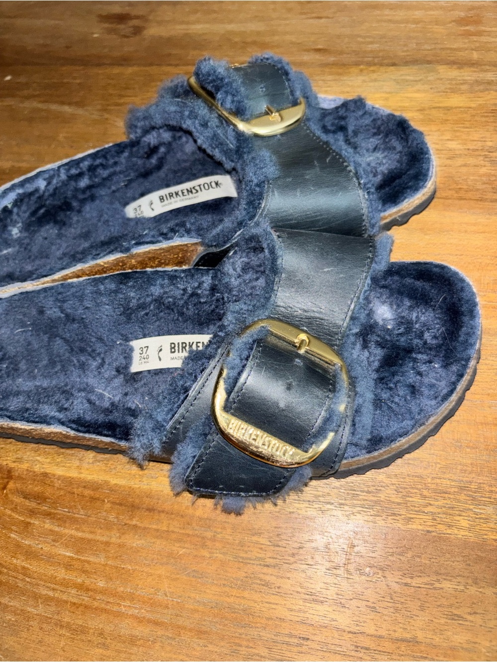 Birkenstock Madrid Big Buckle Shearling Sandals Midnight Blue - Picture 2 of 5